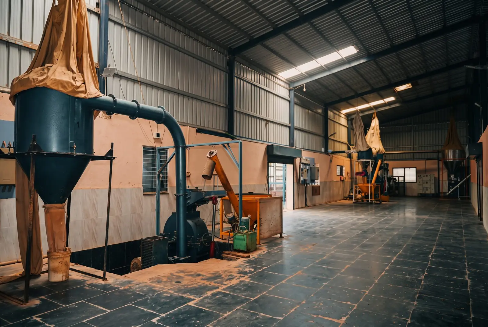 Interior of the high-ceiling spice processing hall at the Byadgi unit
