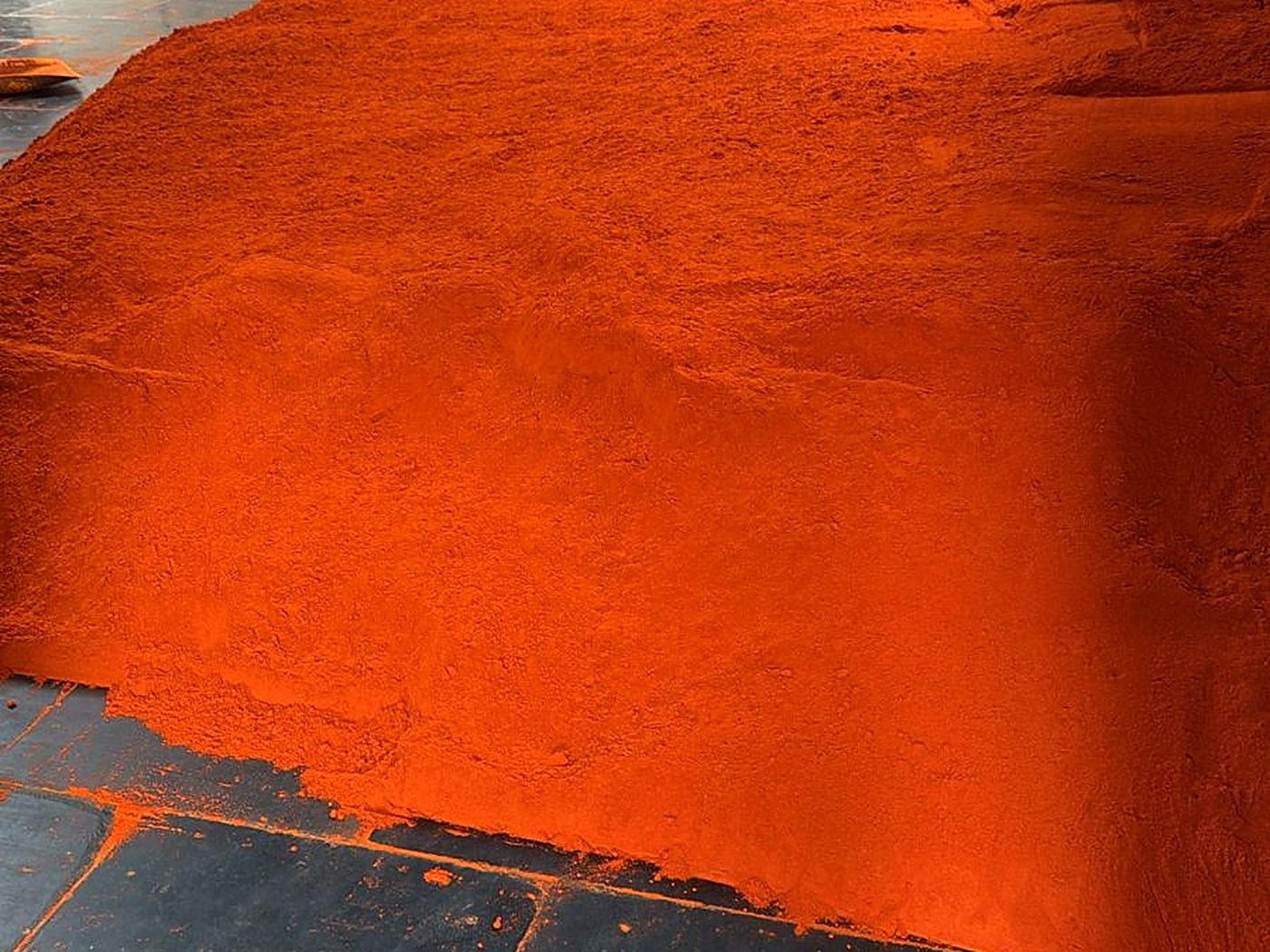 Premium chilli powder - fresh off the mill, awaiting packing Freshly milled bright red Byadgi chilli powder heaped in the MKB Enterprises finished-goods hall