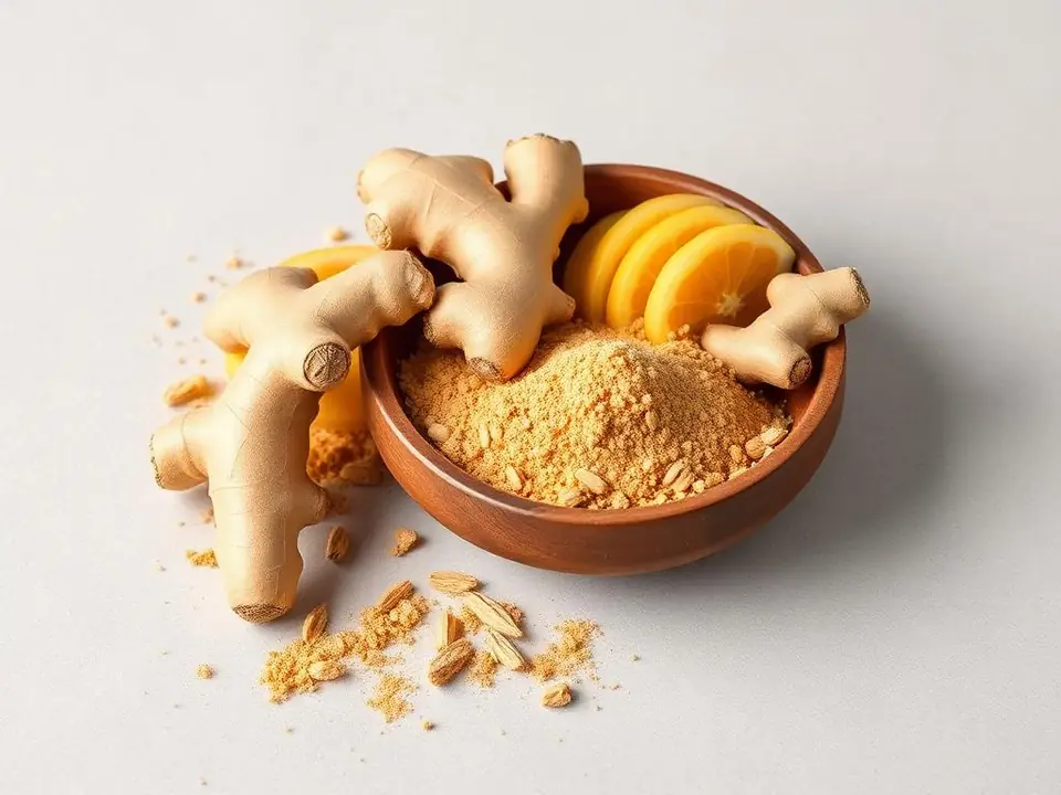 Dried ginger rhizomes with ginger powder in a bowl