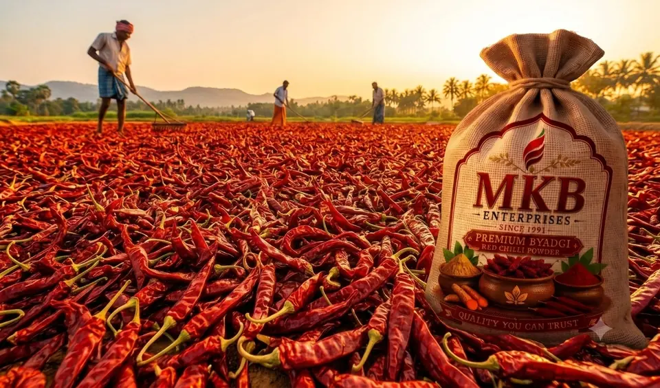 Byadgi red chillies sun-drying at the MKB Enterprises yard Byadgi red chillies drying in the sun at MKB Enterprises' yard in Karnataka, India