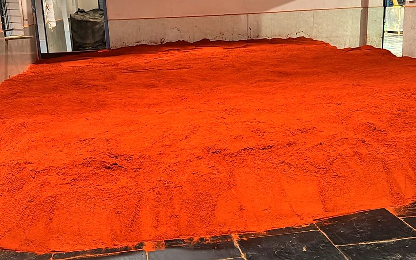 Floor-sized mound of freshly milled red chilli powder inside the MKB Enterprises finished-goods hall in Byadgi