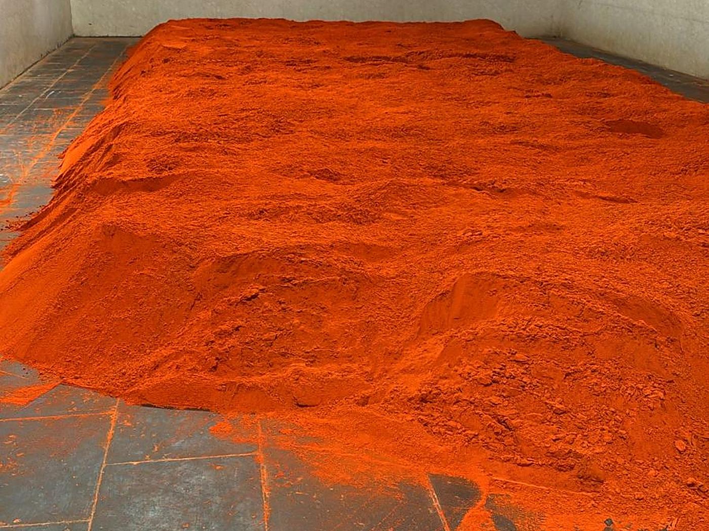 Deep mound of ground Byadgi chilli powder resting on the stone floor of the milling unit