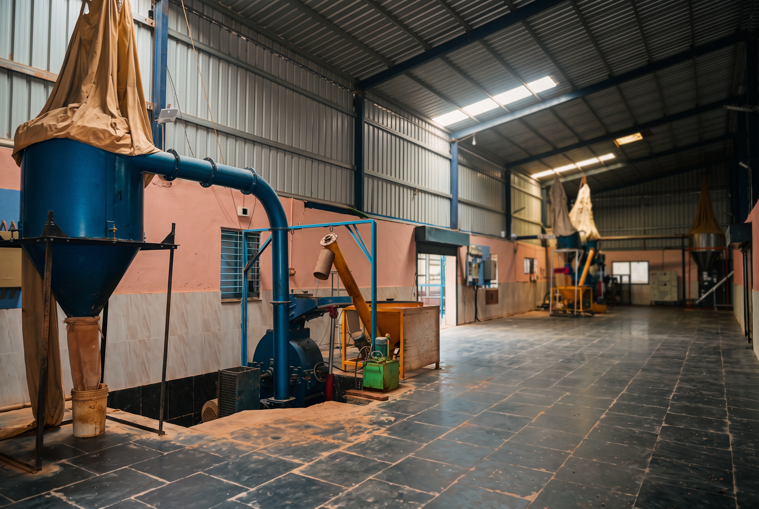 MKB Enterprises chilli grinding hall, Byadgi Chilli grinding hall at the MKB Enterprises Byadgi facility with blue steel mill, cyclone separator and conveyor